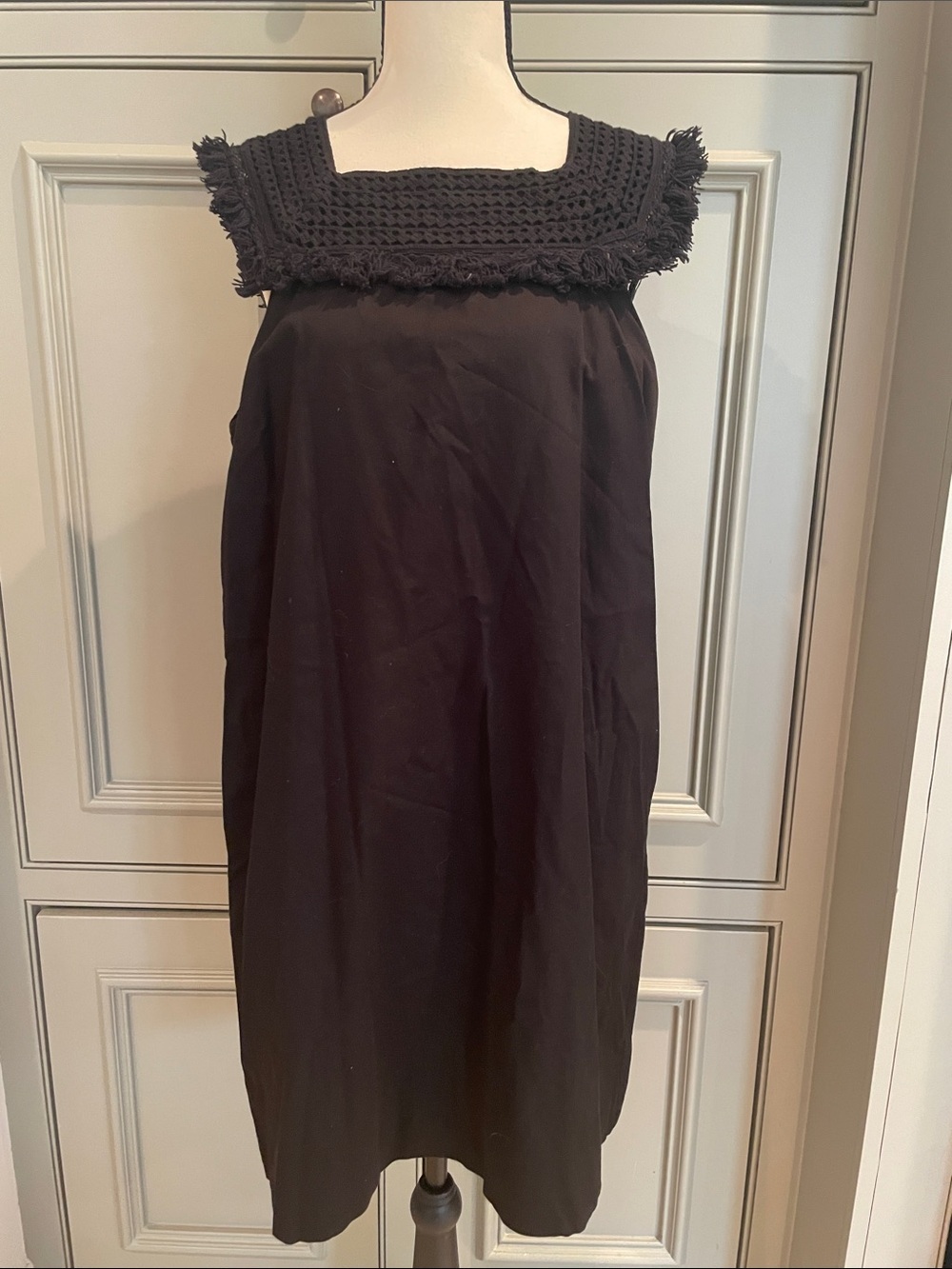 Madewell Black Crochet Fringed Square-Neck Mini Lined Dress 8